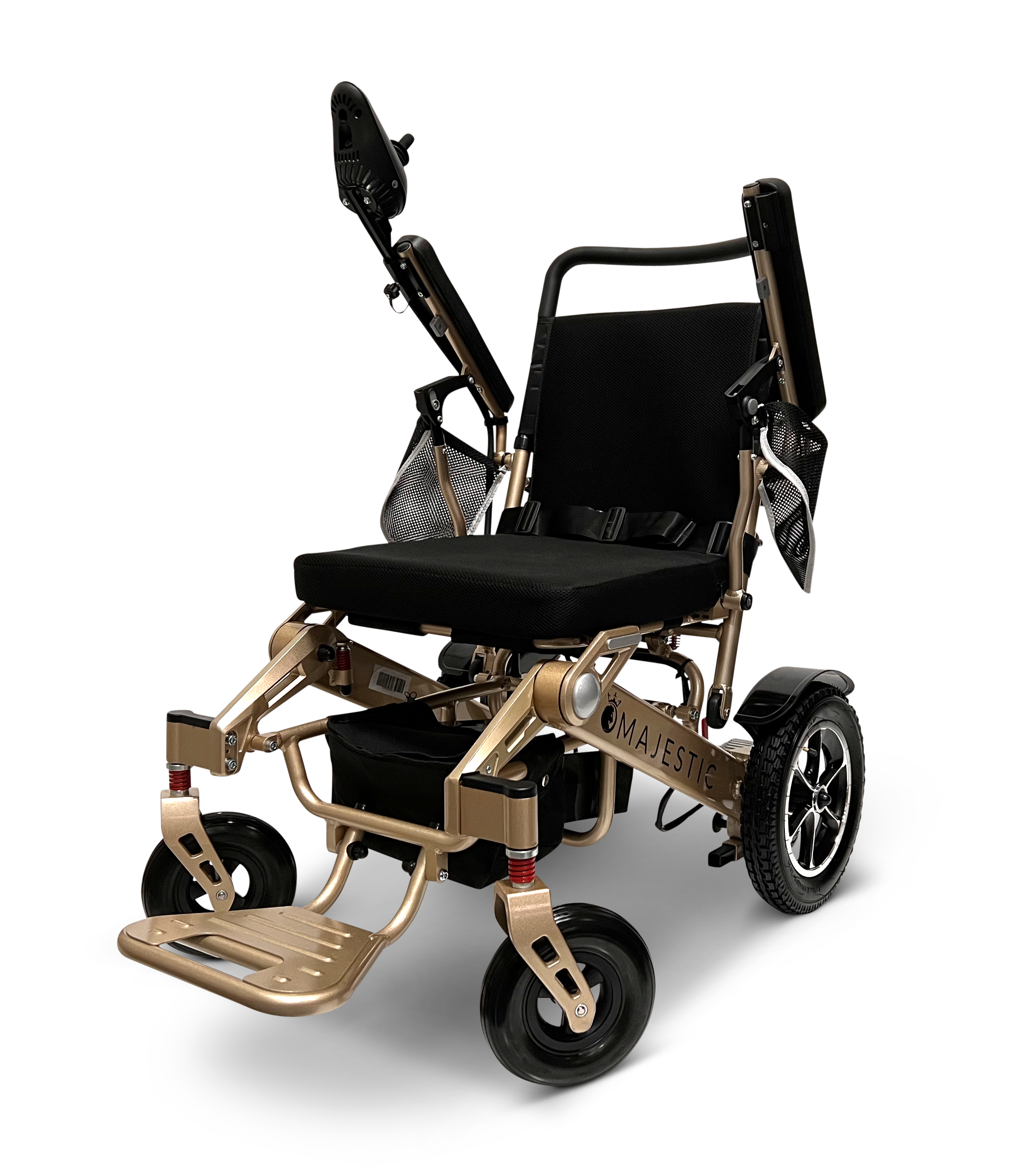 The MAJESTIC IQ-7000 is a sleek, lightweight electric wheelchair with a metallic frame, black cushioned seat and backrest. It features a 360-degree joystick, adjustable armrests and footrest, visible wheels, side storage pouches, and an elegant Majestic brand name on its arm.